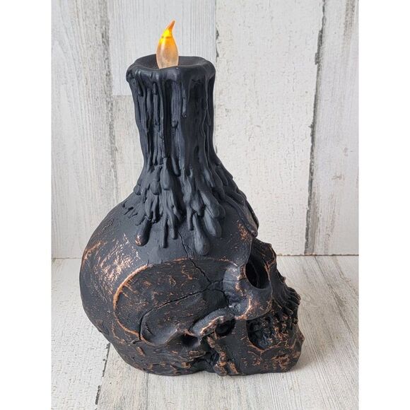 Halloween lit up black skull candle prop Decor scary skeletonq - Picture 9 of 12